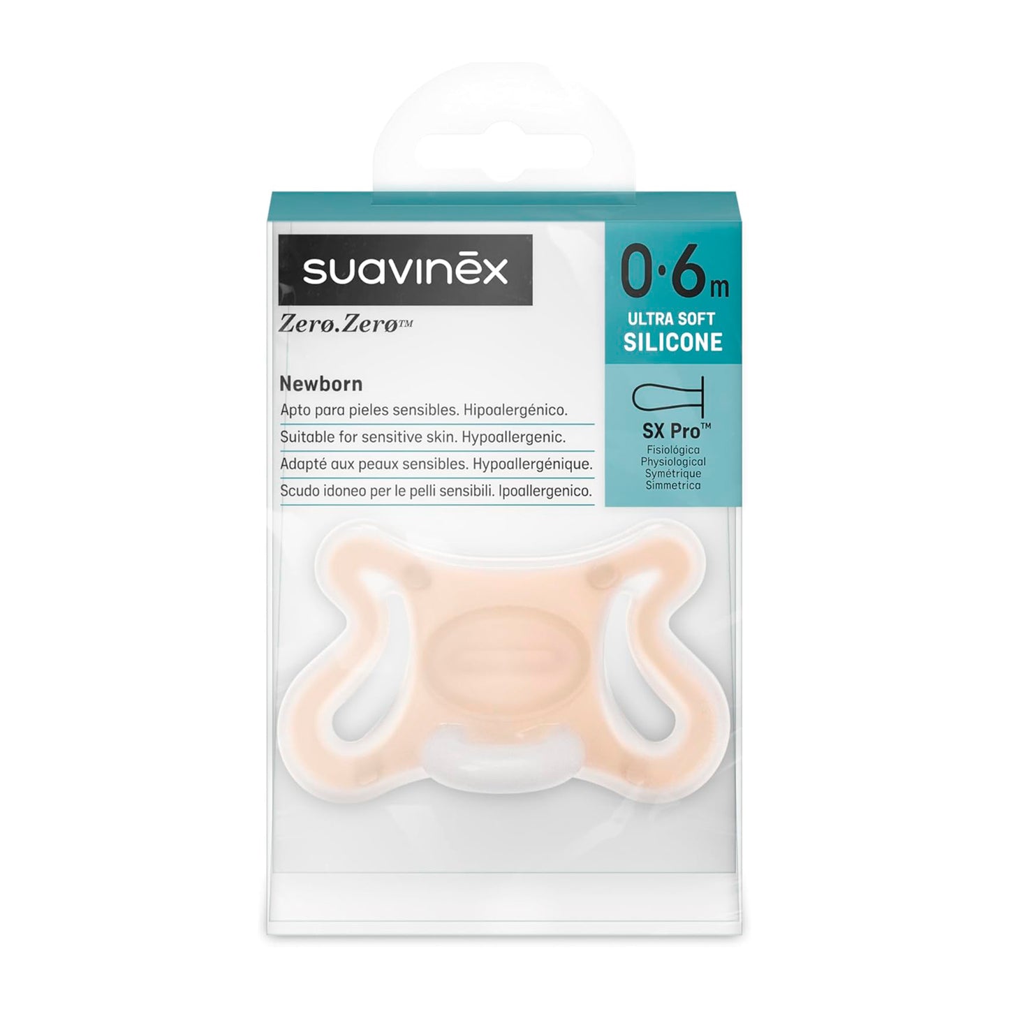 Chupete Zero Zero con tetina fisiológica de silicona SX Pro, apto para bebés de 0 a 6 meses, diseño ergonómico y delicado, ideal para respetar el desarrollo bucal y proporcionar comodidad.