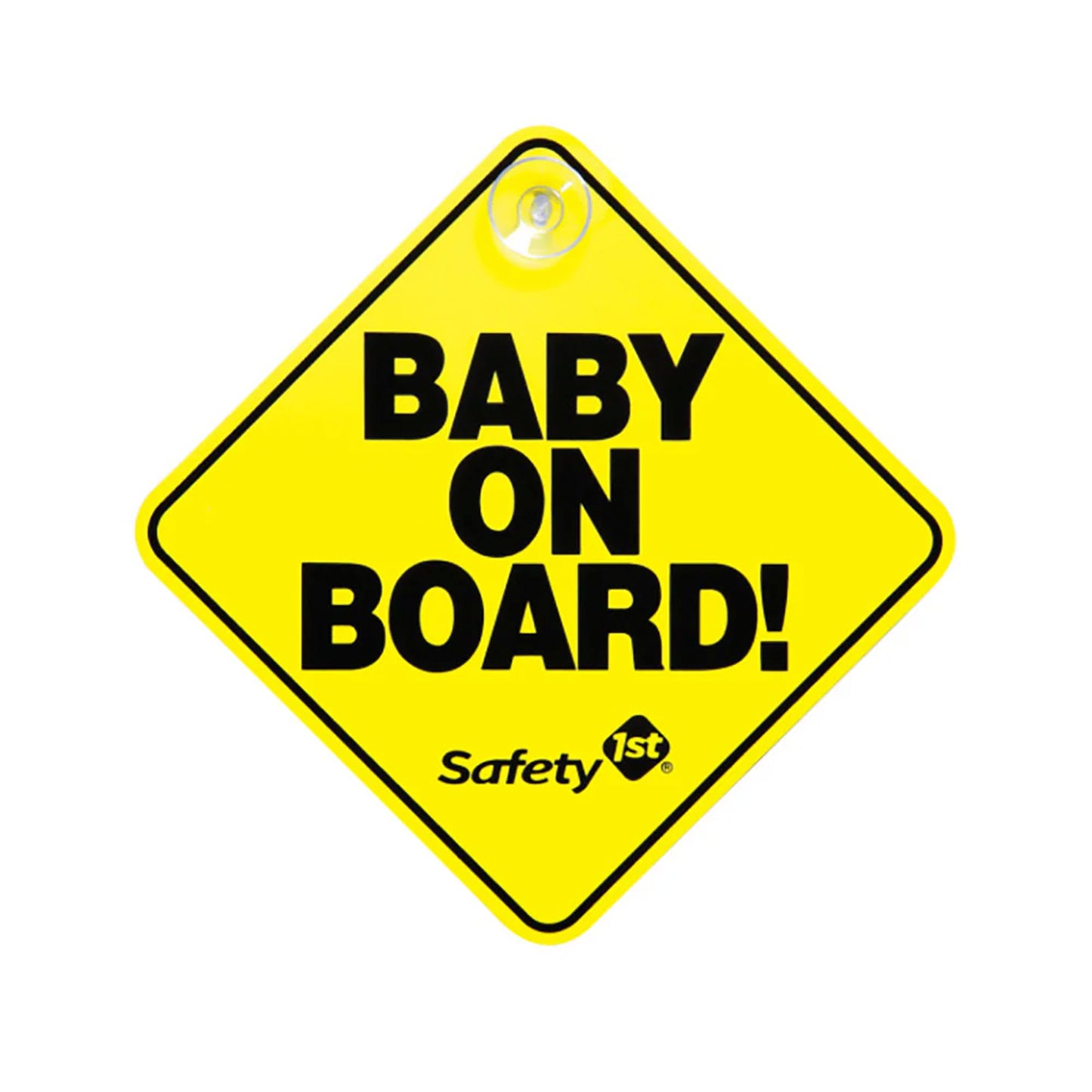 Letrero Baby On Board de Safety 1st, diseño amarillo con ventosa, ideal para alertar a otros conductores sobre la presencia de un bebé en el vehículo.