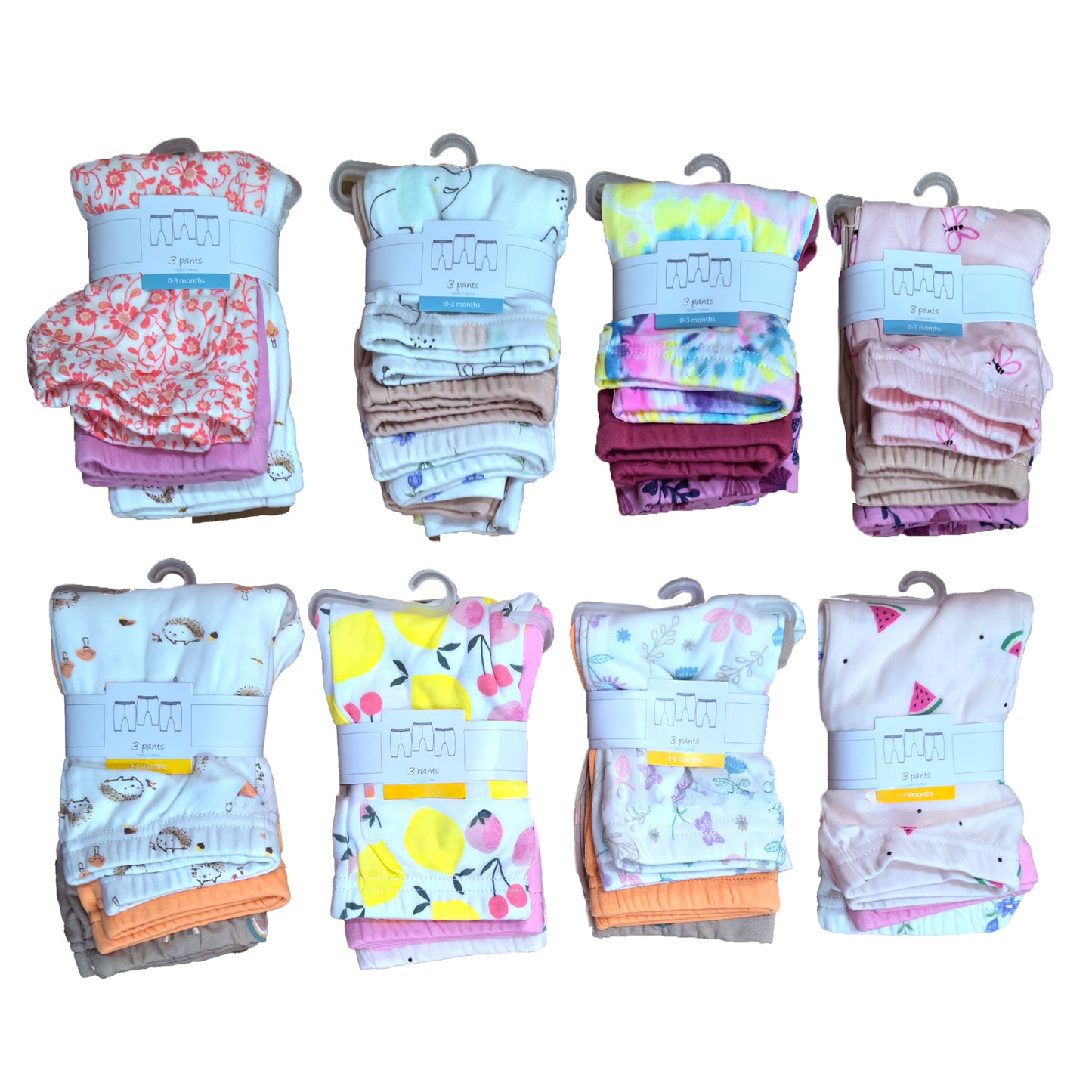 Pack 3 Pantalones Calzas Leggins Algodón Bebé 0-3 a 6-9 meses
