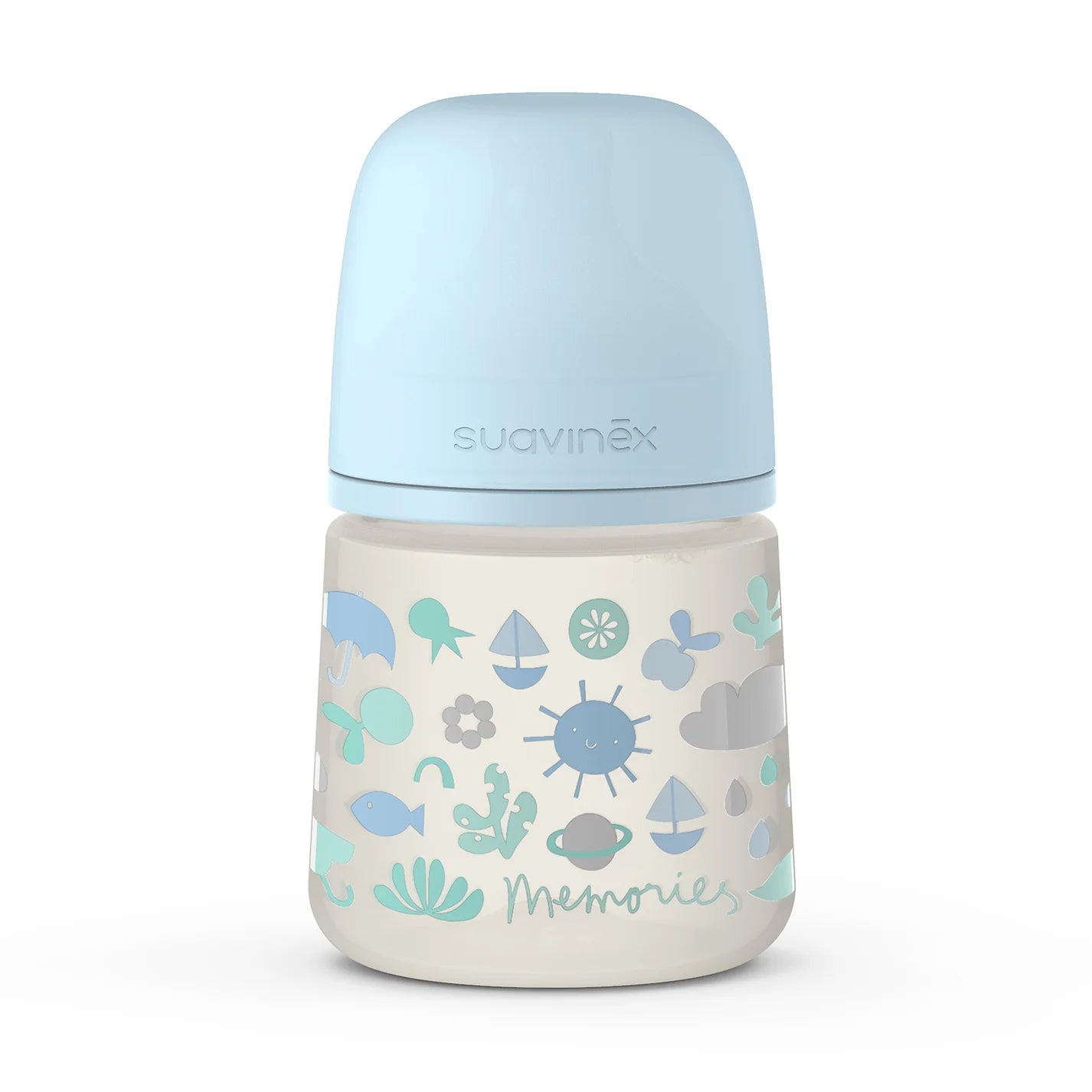 Mamadera con tetina fisiológica SX Pro Suavinex, capacidad de 150 ml, flujo lento, apta para recién nacidos 0m+, diseño ergonómico y delicado de la colección Memories, ideal para respetar el desarrollo bucal y ofrecer una alimentación segura.