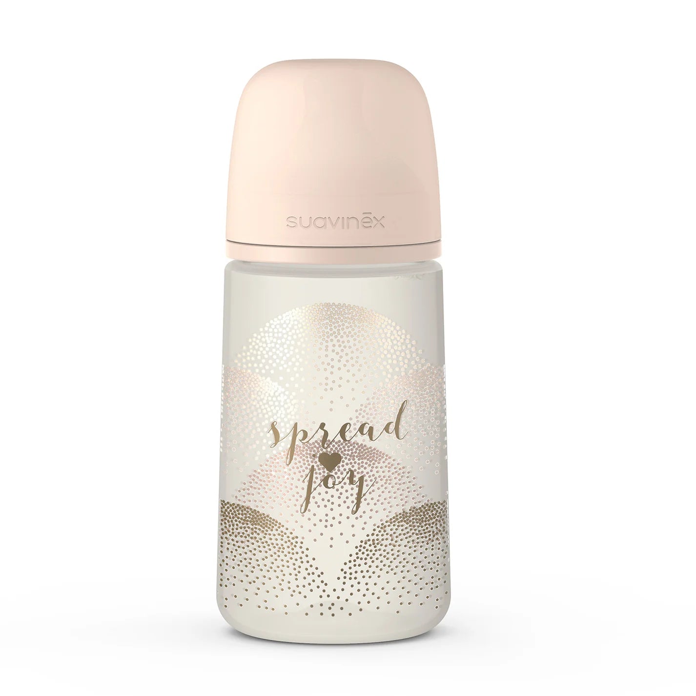 Mamadera con tetina fisiológica SX Pro Suavinex, capacidad de 270 ml, flujo medio, recomendada para bebés de 3 meses en adelante, diseño ergonómico de la colección Spread Joy, ideal para respetar el desarrollo bucal y ofrecer una alimentación cómoda y segura.