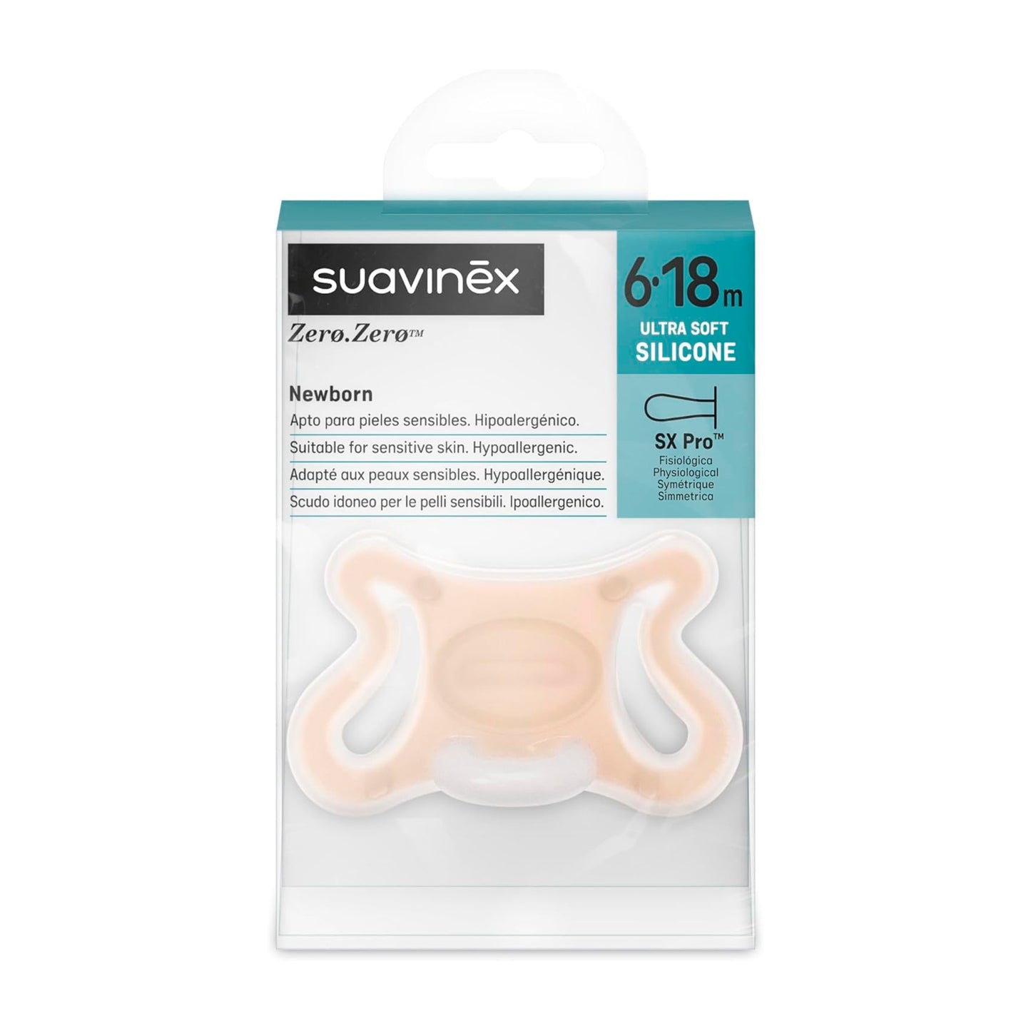 Chupete Zero Zero con tetina fisiológica de silicona SX Pro, apto para bebés de 6 a 18 meses, diseño ergonómico y seguro, ideal para respetar el desarrollo bucal y ofrecer comodidad durante el crecimiento.