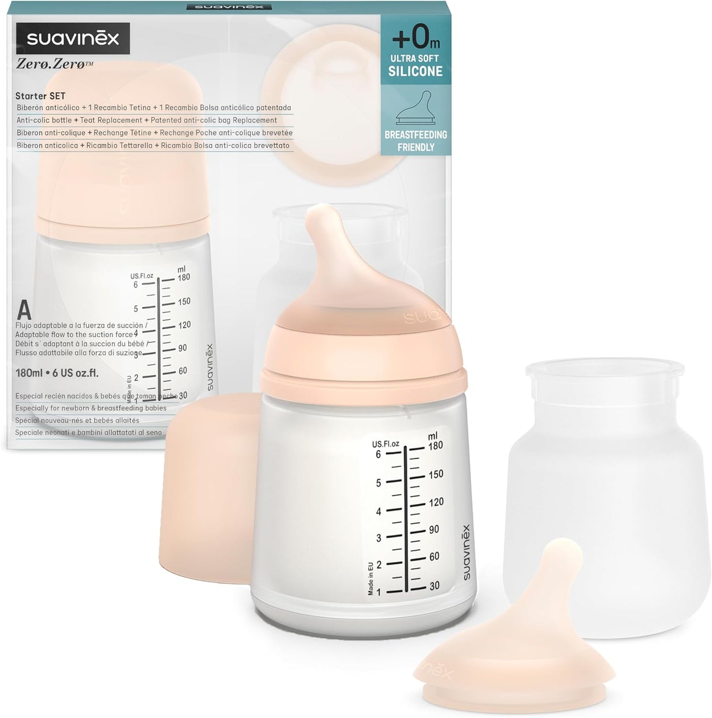Set recién nacido mamadera zero zero 180ml flujo adaptable + repuestos