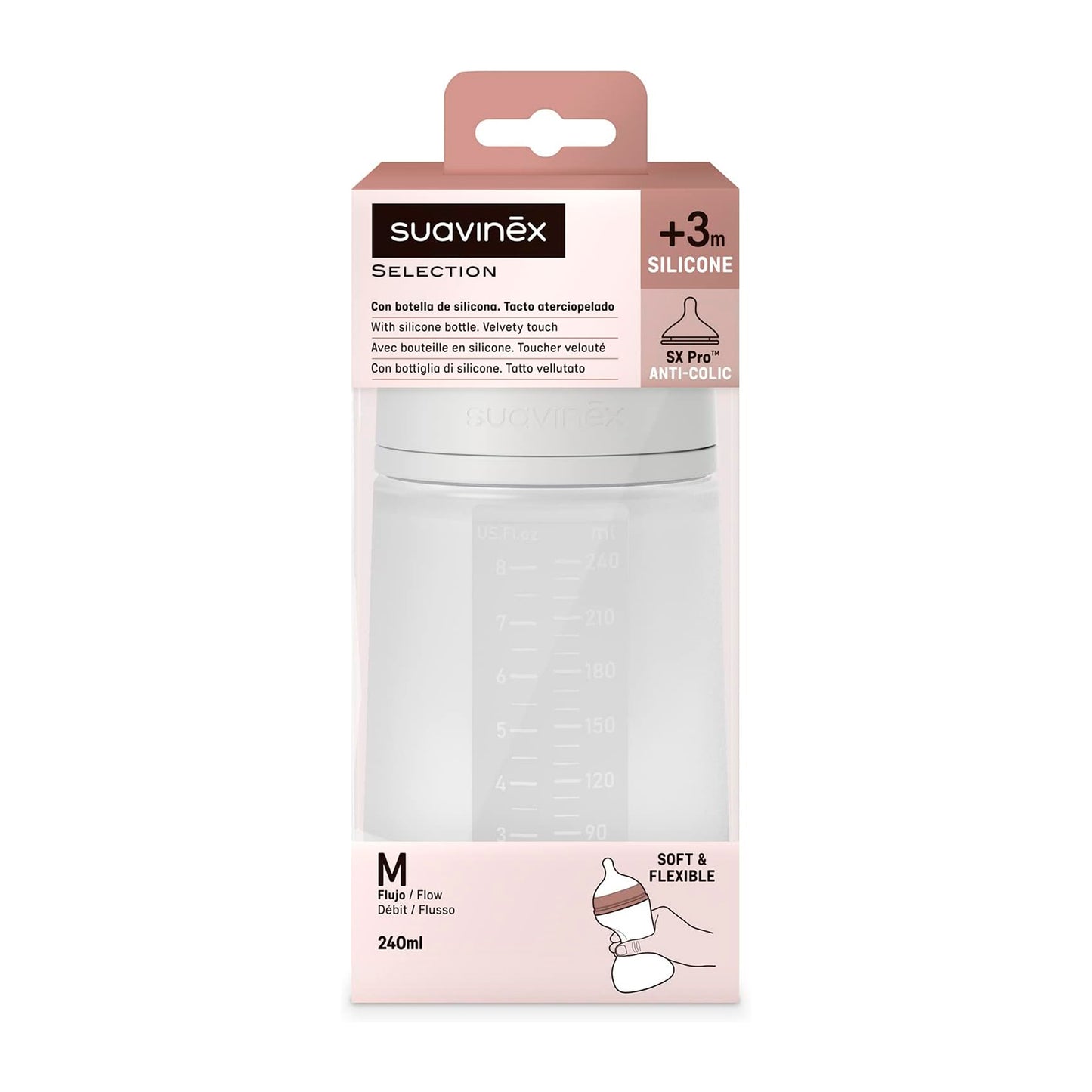 Mamadera de silicona con Tetina Fisiologica Sx Pro 240ml Flujo Medio +3m Colour Essence Suavinex