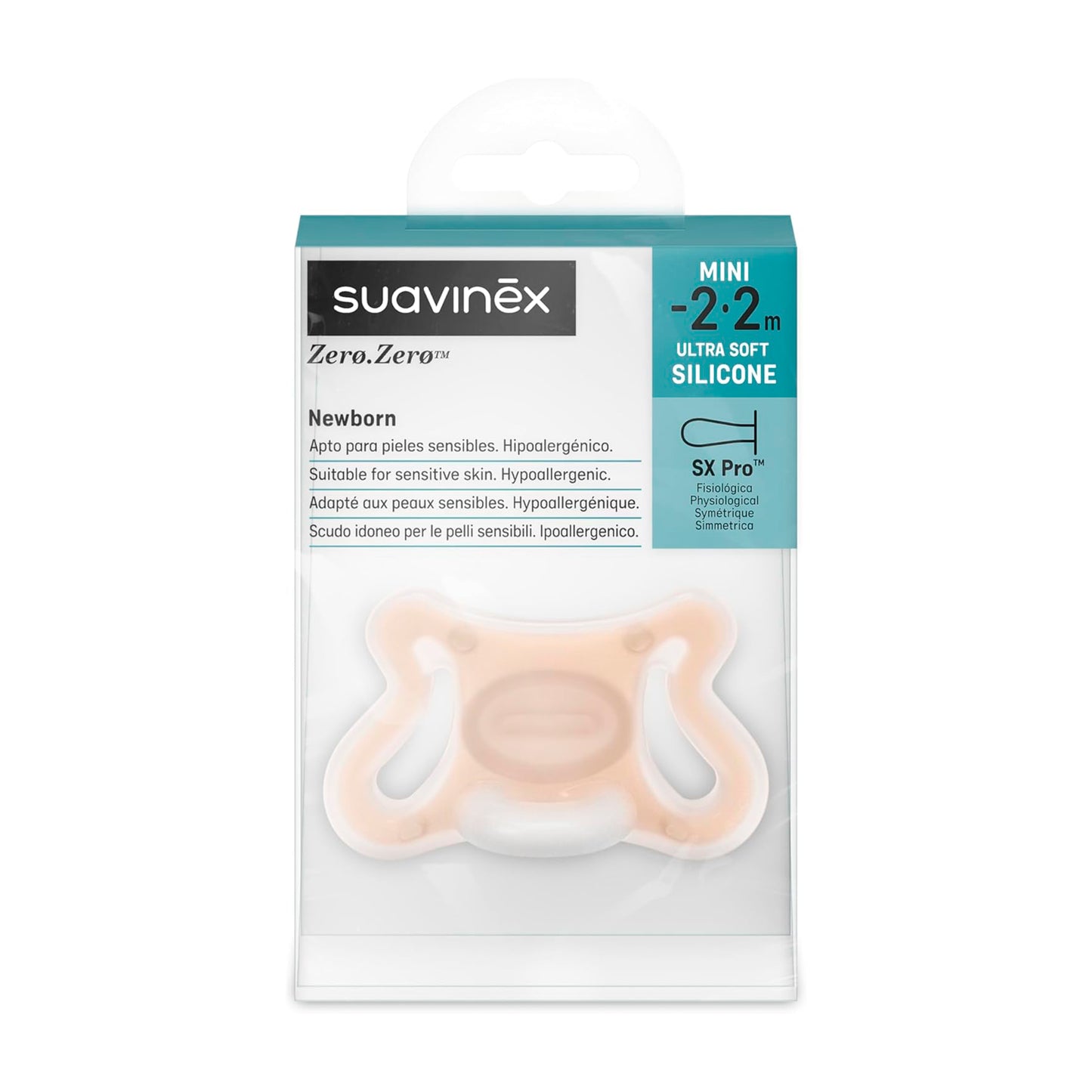 Chupete Zero Zero con tetina fisiológica de silicona SX Pro, apto para recién nacidos de -2 a 2 meses, diseño ultraligero y delicado, ideal para respetar el desarrollo bucal desde el nacimiento.