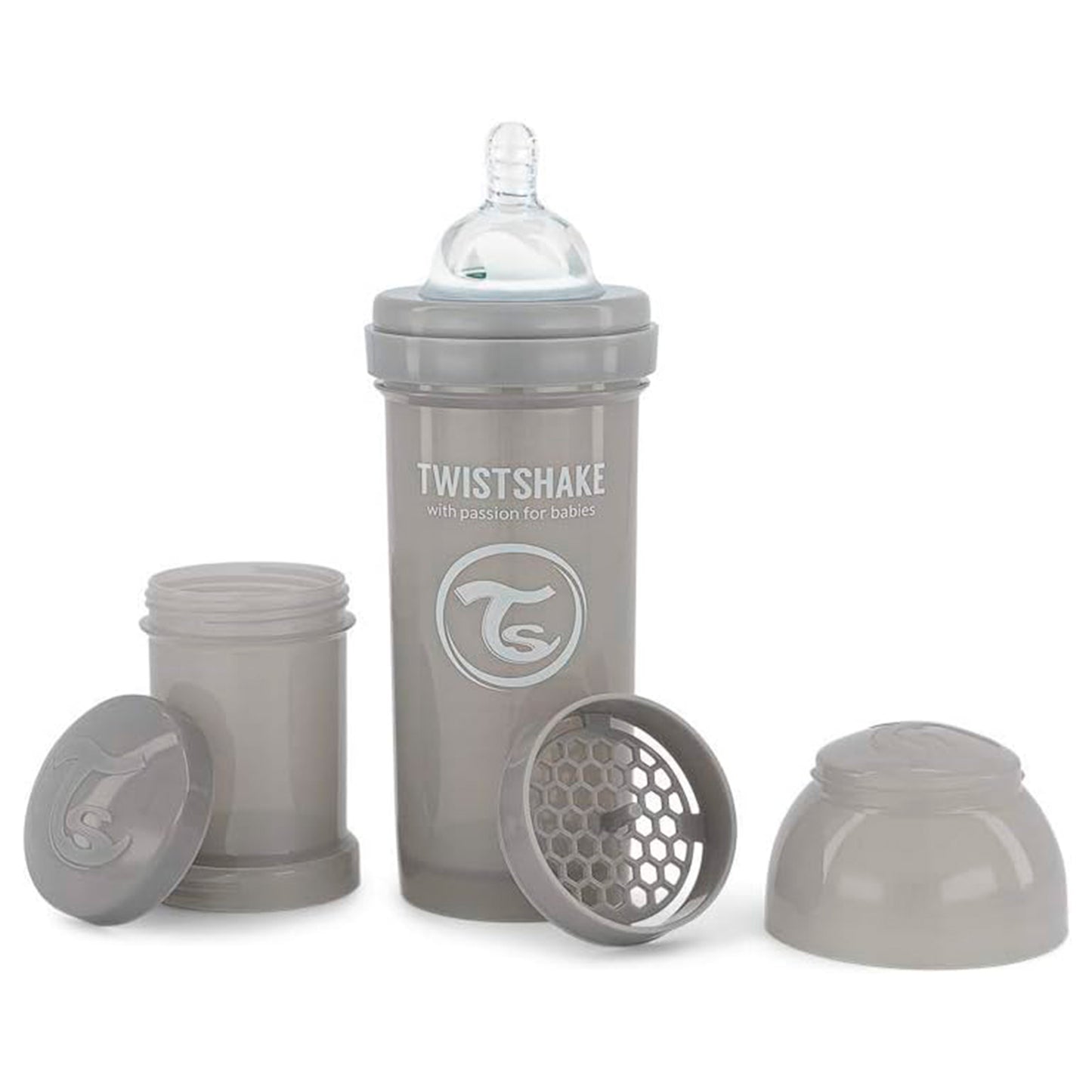 Mamadera anticólicos para bebés Twistshake, capacidad de 260 ml, recomendada para 2 meses en adelante, diseño ergonómico con sistema anticólicos, ideal para una alimentación segura y fluida.