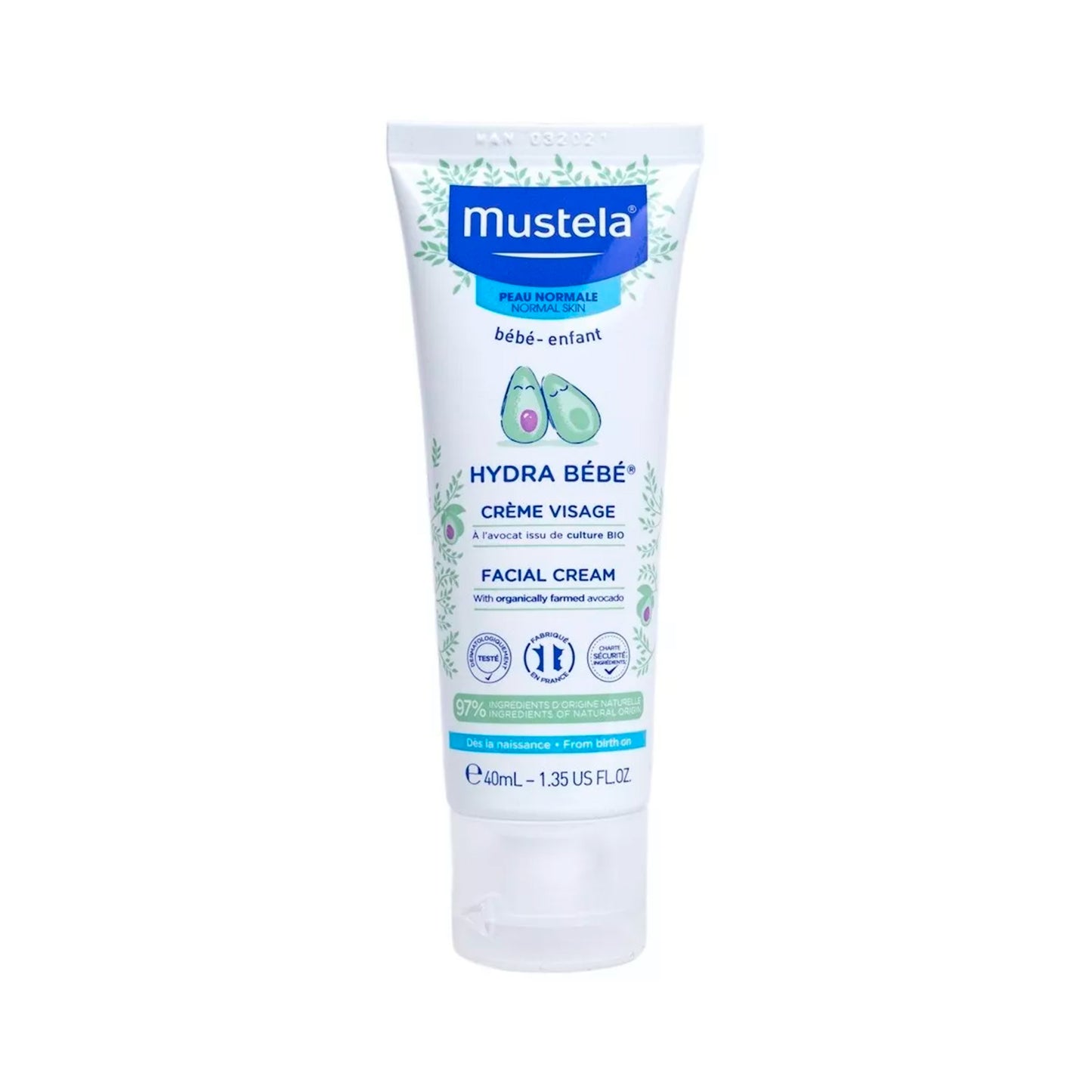 Crema facial Hydra Bebé Mustela, tubo de 40 ml, fórmula hidratante y hipoalergénica, ideal para proteger y suavizar la piel del rostro del bebé a diario.
