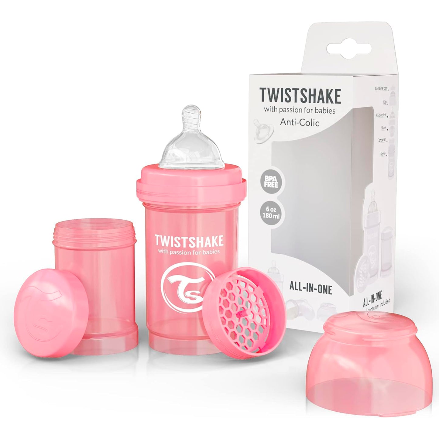 Mamadera anticólicos para bebés Twistshake, capacidad de 180 ml, diseño ergonómico con sistema anticólicos integrado, ideal para una alimentación segura y cómoda.