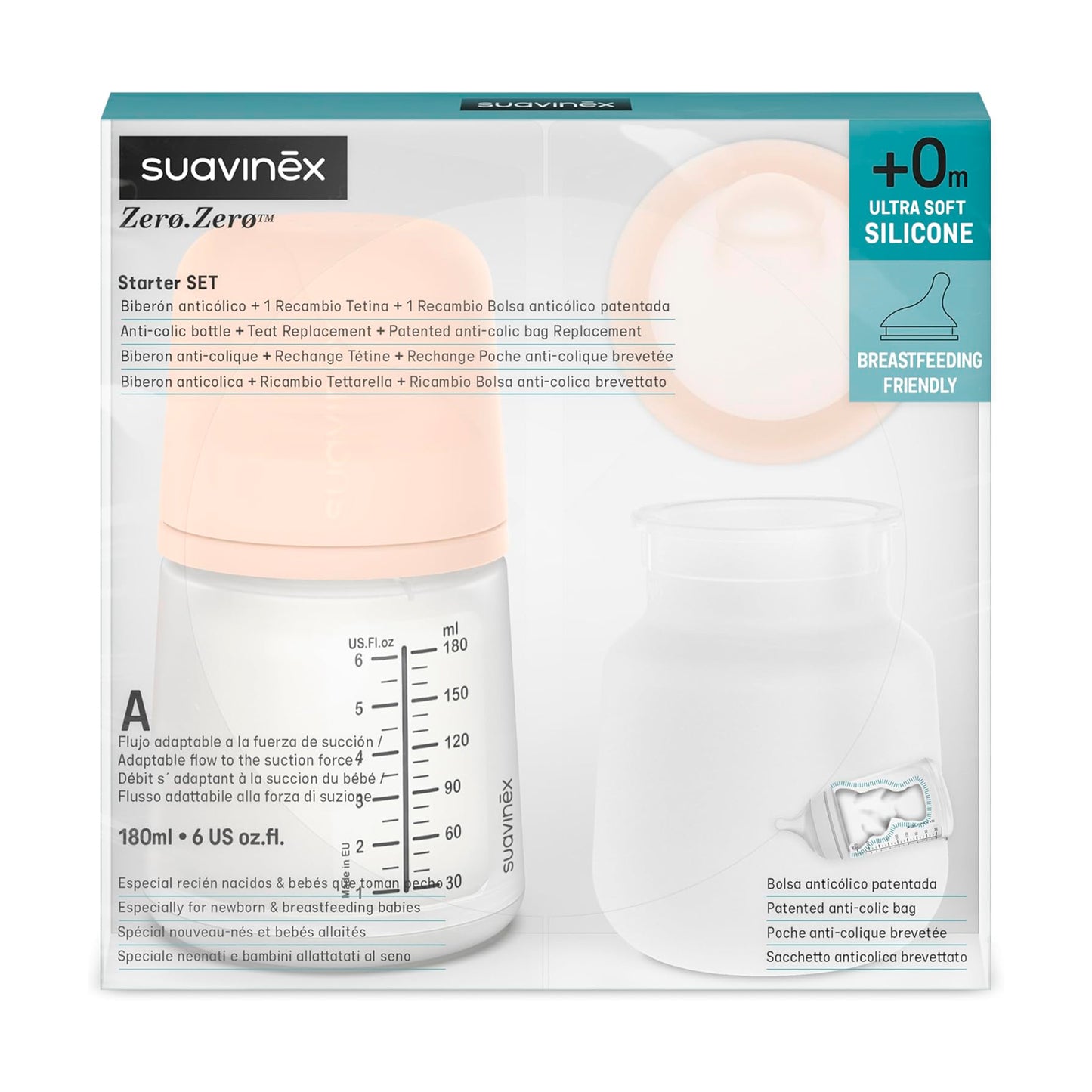 Set recién nacido mamadera zero zero 180ml flujo adaptable + repuestos