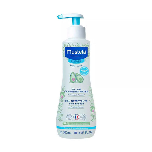 Agua limpiadora loción micelar sin enjuague para bebés Mustela, botella de 300 ml, ideal para limpiar la piel sensible del rostro y cuerpo de manera suave y práctica.