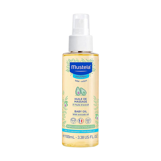 Aceite de masajes corporal para bebés Mustela, frasco de 100 ml, ideal para pieles sensibles y uso diario después del baño.