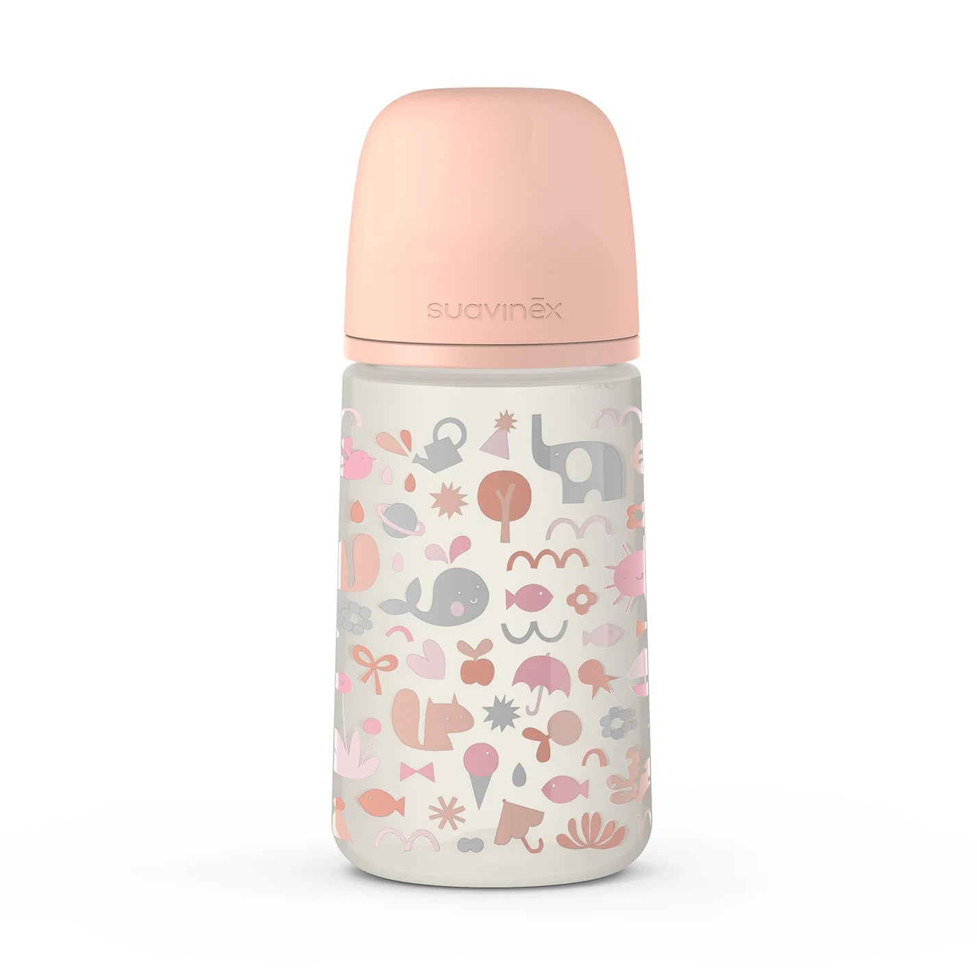 Mamadera con tetina fisiológica SX Pro Suavinex, capacidad de 270 ml, flujo medio, recomendada para bebés de 3 meses en adelante, diseño ergonómico de la colección Memories, ideal para respetar el desarrollo bucal y ofrecer una alimentación cómoda y segura.