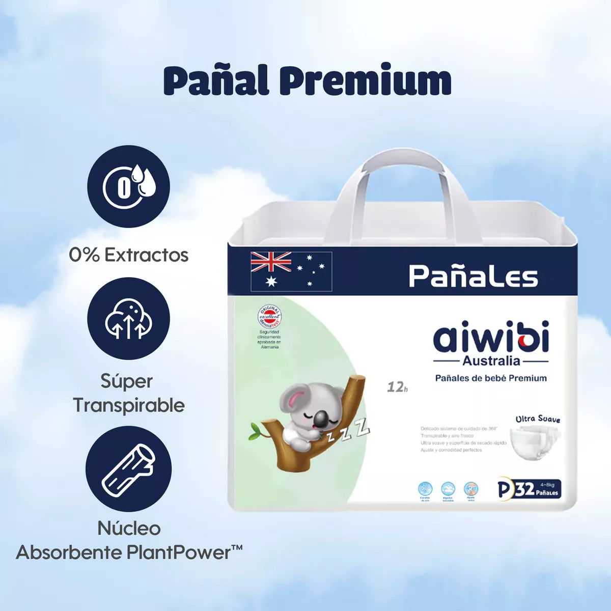 Pañales Bebé Premium Ultra Suave Talla P 32und Aiwibi