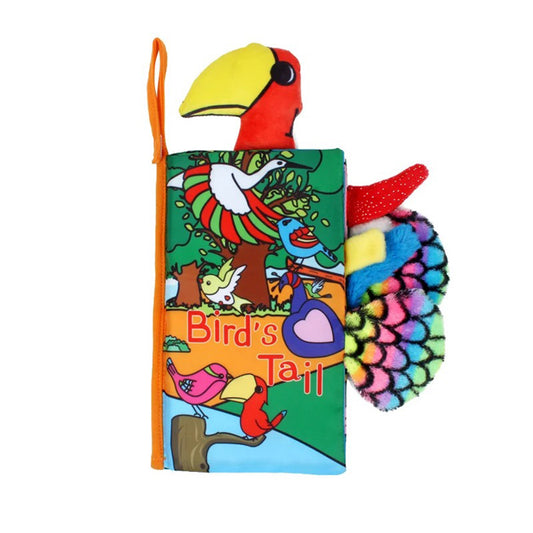 Libro sensorial de tela para bebés con temática de animalitos, diseño interactivo con texturas y colores llamativos, ideal para estimular el desarrollo cognitivo y sensorial desde los primeros meses. Diseño aves. Bird´s Tail